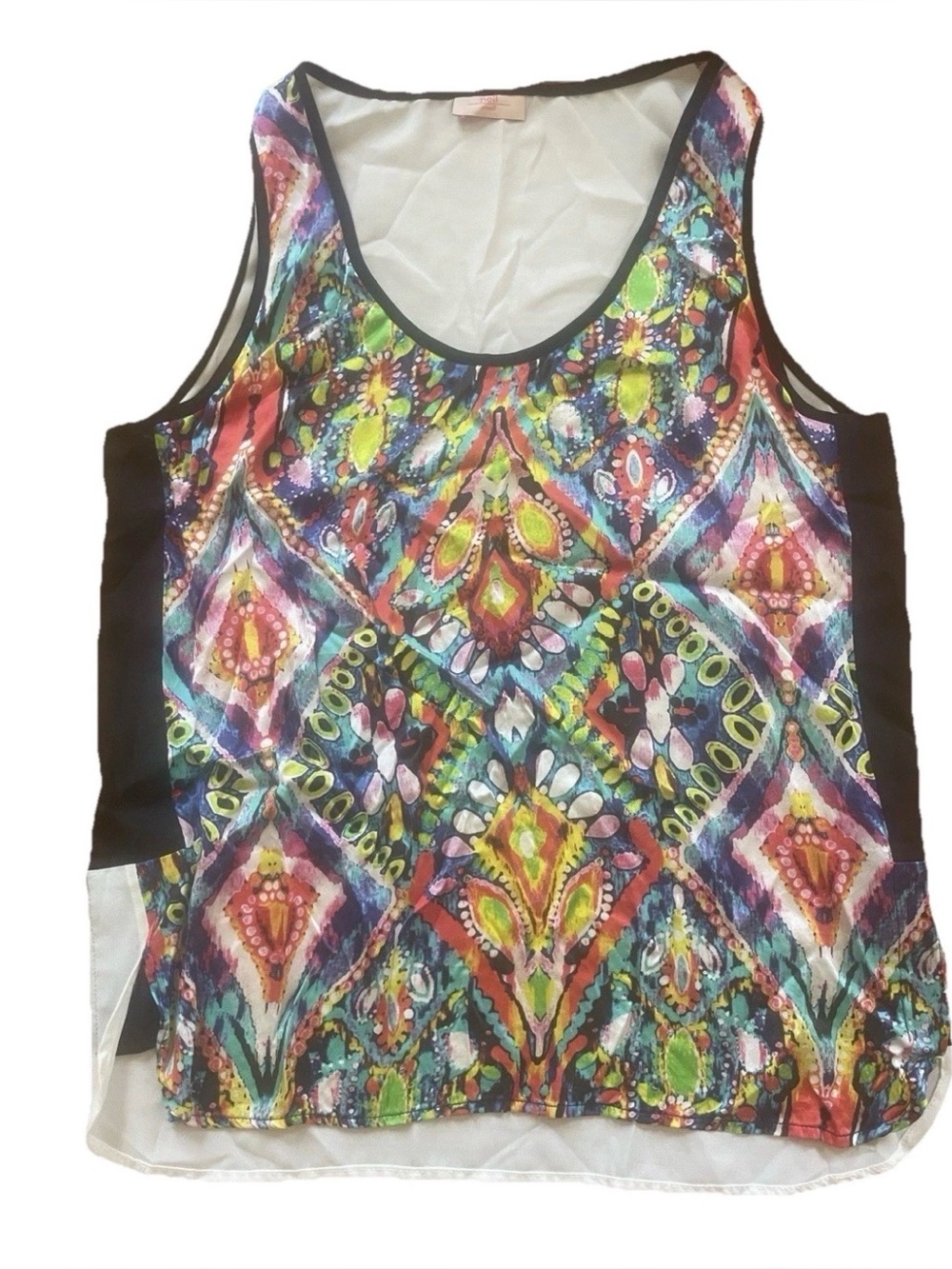 Nell Silk Multicolor Patterned Scoop Neck Tank Top with Black Side Panels